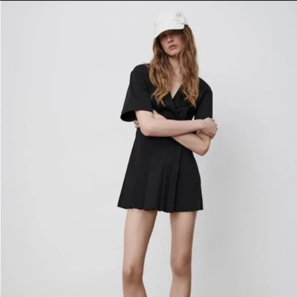 Zara Stretch Poplin Wrap Pleated Mini Dress - Picture 1 of 3